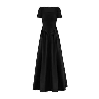 方领黑色连衣裙高级感赫本风长裙