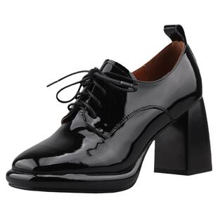 misili 方头系带粗跟单鞋春秋季新款8cm高跟鞋防水台深口漆皮女鞋