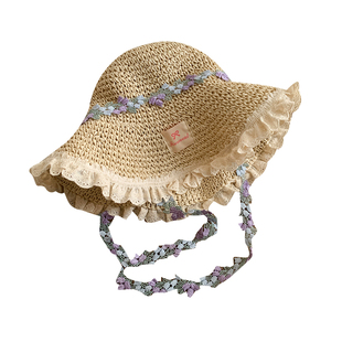 甜美碎花飘带草帽女夏海边度假风大帽檐遮阳防晒帽可折叠太阳帽子