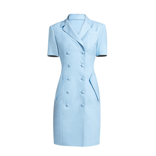 浅蓝色连衣裙中长款气质西装领短袖女医美容院双排扣制服工作服女