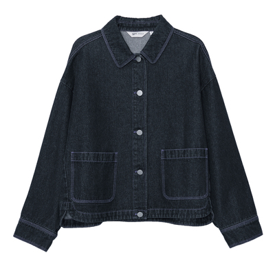 MOVEUP幻走2025秋季新款.FUN系列翻领摇头扣贴袋弧线牛仔外套女