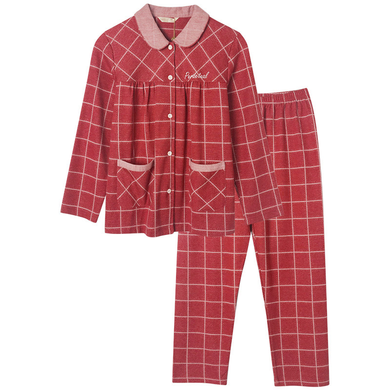 绮瑞情侣纯棉红色格子家居服套装