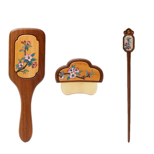 周广胜天然南美酸枝镶嵌彩绘气垫梳刮痧板发簪烟雨棠礼盒女士专用