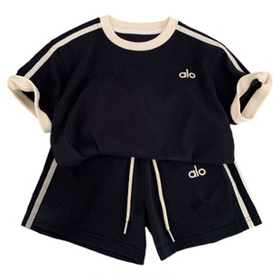 儿童夏季短袖套装2026新款男女童日系潮牌童装撞色休闲运动两件套