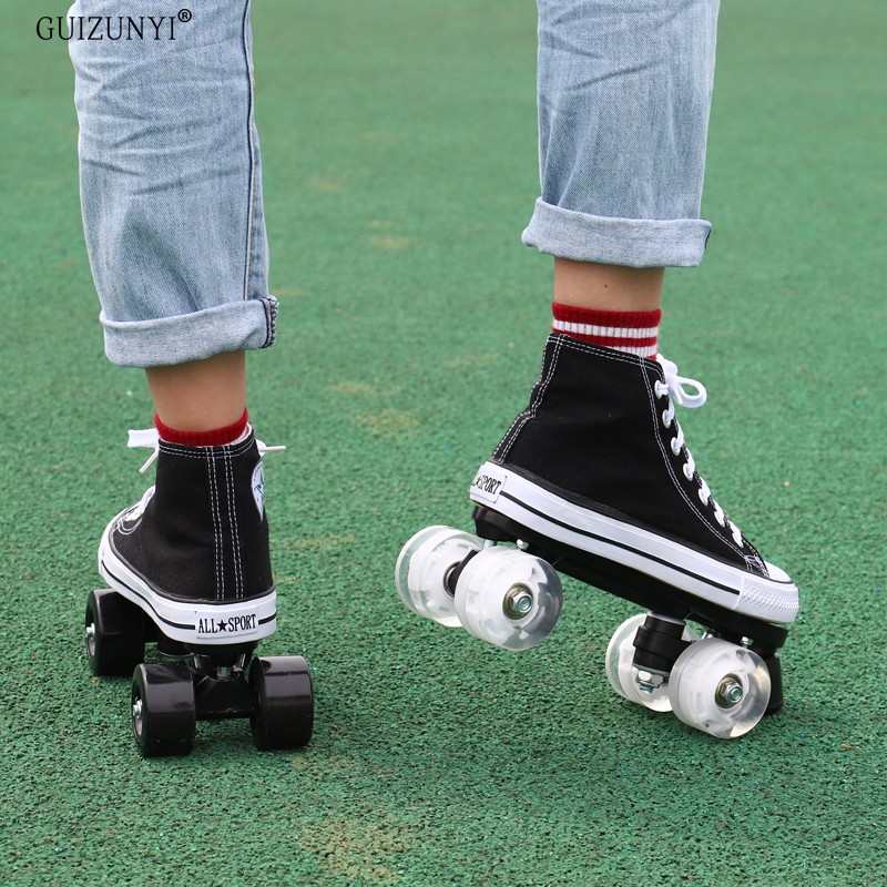 夏季透气帆布闪光双排溜冰场鞋旱冰鞋成年耐磨轮滑鞋四轮全可拆卸