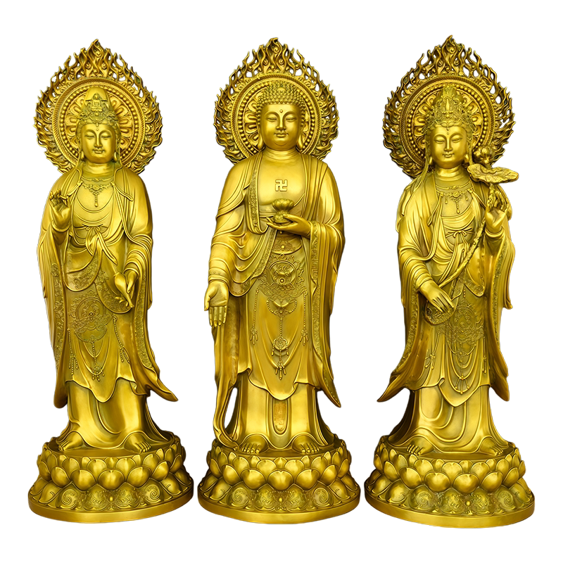 黄铜西方三圣佛像供奉摆件工艺品