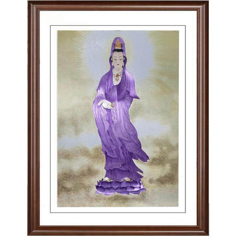 手工苏绣成品紫衣观音普陀山莲花观世音菩萨佛像装饰画挂画可定制