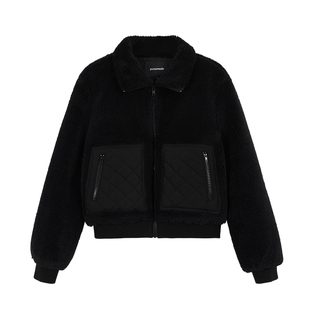 pusumede 慵懒时光 轻盈保暖羊羔毛仿皮草女气质菱格拼接夹棉外套