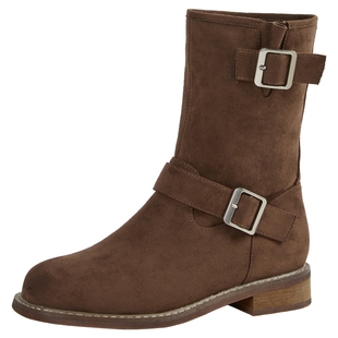 商场同款百田森西部牛仔中筒靴靴子秋冬平底户外反绒皮短靴女