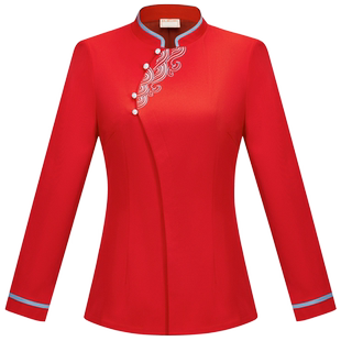 高端中餐厅服务员工作服长袖酒店餐饮饭店宴会酒楼工服秋冬装加厚