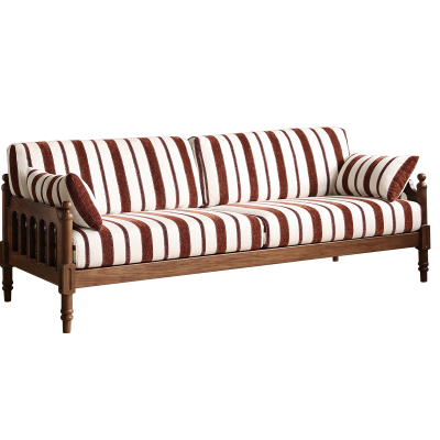 黑胡桃实木复古条纹布艺沙发