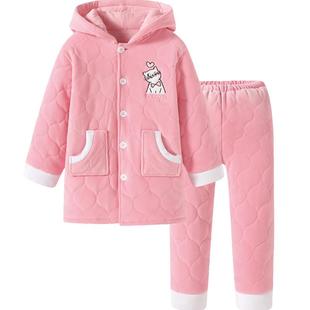 三枪儿童男女童夹棉开襟家居服套装秋冬银狐绒女童加绒加厚家居服