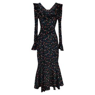 初春秋季复古碎花雪纺长袖裙子高级感法式鱼尾连衣裙显瘦中长裙女