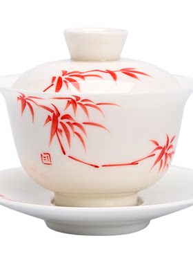 手绘红竹悬停盖碗茶杯