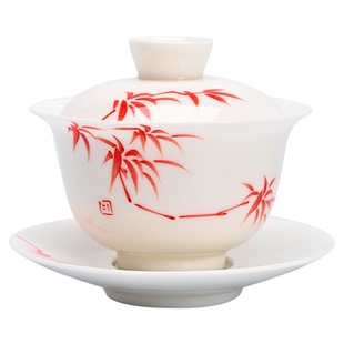 手绘红竹悬停盖碗茶杯功夫茶具薄胎羊脂玉白瓷不烫手泡茶碗敬茶碗