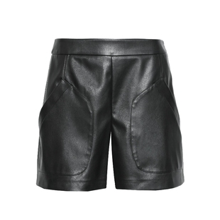 曼德诗高腰纯色皮裤2025秋季新款双色A字版宽松时尚设计感短裤女