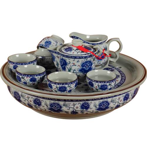 虎匠景德镇陶瓷茶具套装家用客厅潮汕功夫茶青花瓷圆茶盘茶壶瓷器