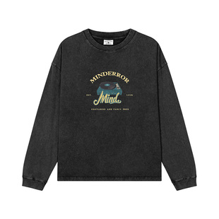 MindError 复古唱片机印花纯棉长袖T恤男女秋季水洗宽松休闲上衣