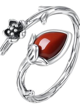 出芽玫瑰戒指女泰银做旧南红玛瑙玫瑰戒面指环复古花草纹路饰品