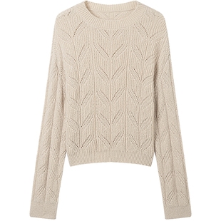 KBNE米色圆领长袖针织衫2025新款正肩百搭气质毛衣宽松上衣秋冬女