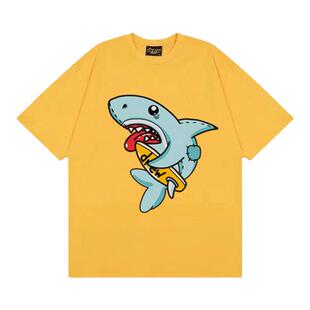 Drew美式潮牌鲨鱼宽松短袖男女情侣纯棉印花情侣休闲打底半袖T恤