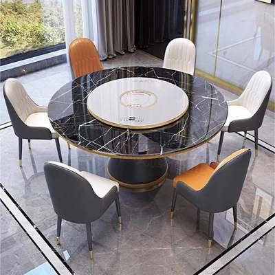 2024款岩板餐桌家用大理石圆桌转盘火锅电磁炉加热保温暖菜板饭桌