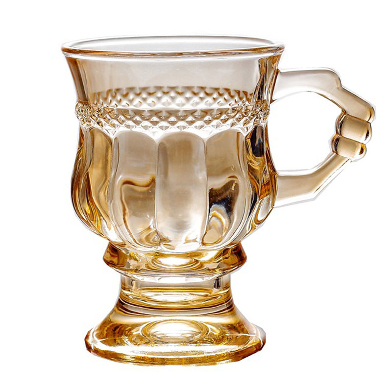 复古浮雕玻璃杯欧式琥珀色白酒杯子英式下午茶杯伴手礼咖啡杯带把