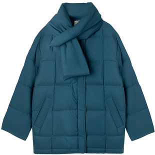 布景羽绒服女2025年冬季新品简约围巾领设计感宽松中长款外套0163