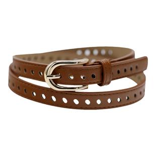 免打孔复古小皮带简约百搭装饰细腰带女配牛仔裤夏季裤带棕色镂空