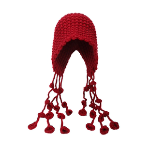 休闲川西旅游红色镂空针织包头帽子女秋冬季显脸小流苏毛线帽子