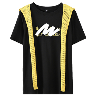 校园风少女感刺绣字母披肩胖莹莹大码女装减龄个性设计感宽松T恤