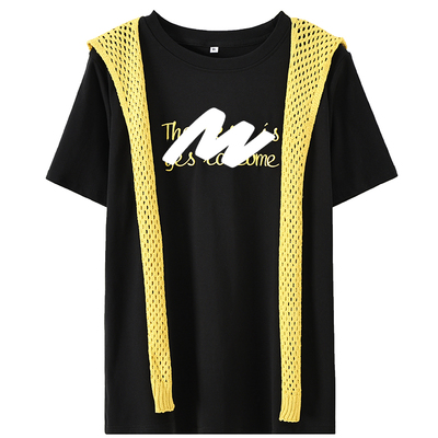 大码少女感刺绣字母披肩T恤