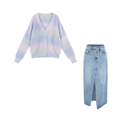 渐变紫色慵懒风开衫毛衣外套女