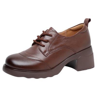 真皮粗跟单鞋春秋软底英伦深口皮鞋厚底中跟女鞋舒适不累脚妈妈鞋