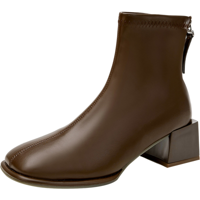 方头粗跟瘦瘦靴高跟短靴