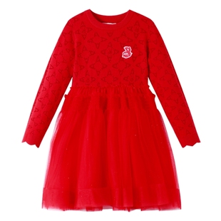 【新年款】安奈儿童装女童连衣裙2024春新款提花网纱洋气长袖红色