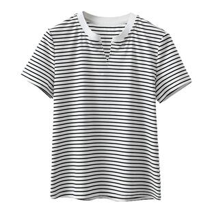 夏季天丝莱赛尔条纹短袖T恤女款V领高级感凉感A类可外穿打底上衣