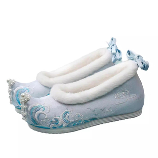 冬季古风鞋子女汉服鞋加绒内增高翘头履绣花棉鞋百搭配古装明宋制