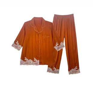 桑蚕丝真丝睡衣女2026年新款春秋丝绸长袖长裤蕾丝套装中袖家居服