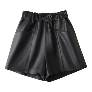 2115真皮绵羊皮短裤女秋冬新款松紧高腰显瘦宽松休闲阔腿裤短裤