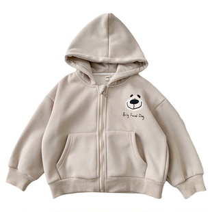 男童一体绒连帽外套2025初冬薄绒卫衣开衫中小童休闲宝宝卡通上衣