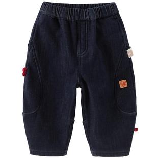 戴维贝拉儿童加厚裤子男童2026新款牛仔长裤男宝宝新年中国风冬装