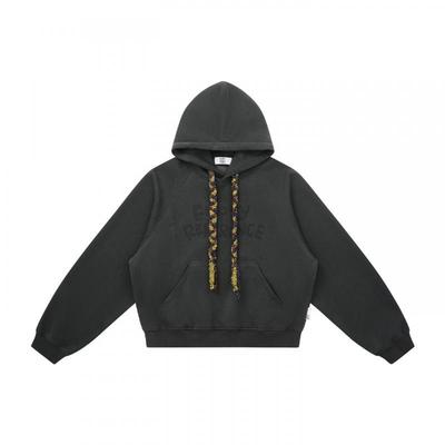 EMPTY REFERENCE 碳灰结构分割编织抽绳短款宽松长袖重磅连帽卫衣