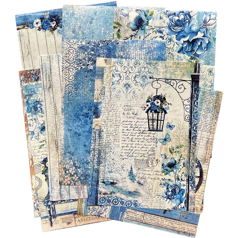 junk journal复古浅蓝色花纹字母木纹背景纸手帐拼贴装饰摆拍素材