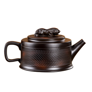 紫陶手工跳刀卧虎凤鸣壶家用复古高档功夫茶具办公会客套装