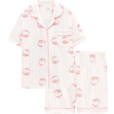 吉伊卡哇纯棉女夏条纹睡衣套装