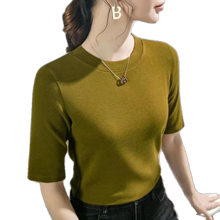 2025新款韩版夏季五分袖中袖t恤女百搭显瘦圆领女士打底衫上衣服