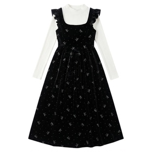 织物猪 月光晚宴 甜美千金风假两件丝绒连衣裙女冬季烫钻黑色长裙