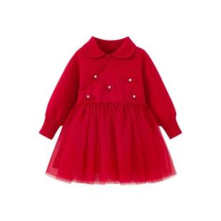 迷你巴拉女童宝宝网纱连衣裙2025冬季新款甜美新年拜年内搭裙子红