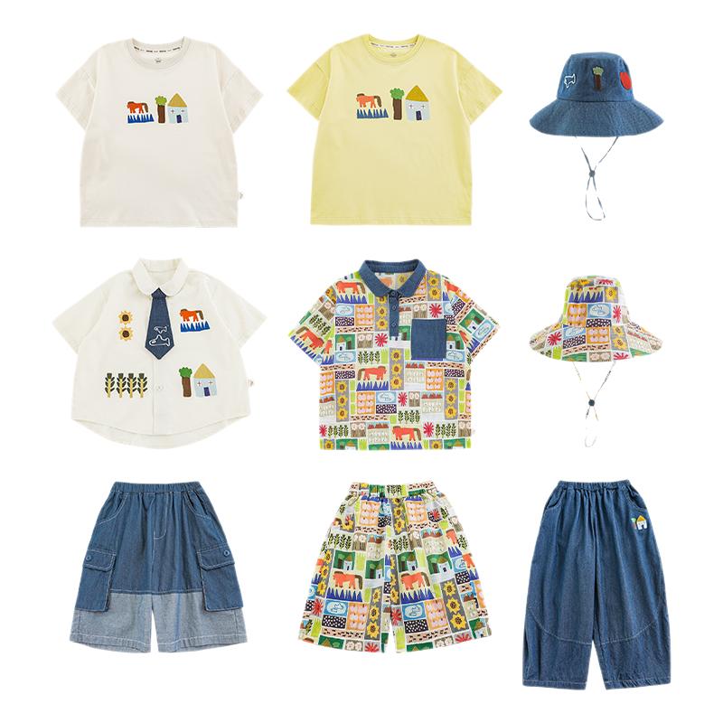 幼悠 男童夏季新款翻領(lǐng)襯衫涼感短袖T恤寬松牛仔褲田園牧歌套裝潮